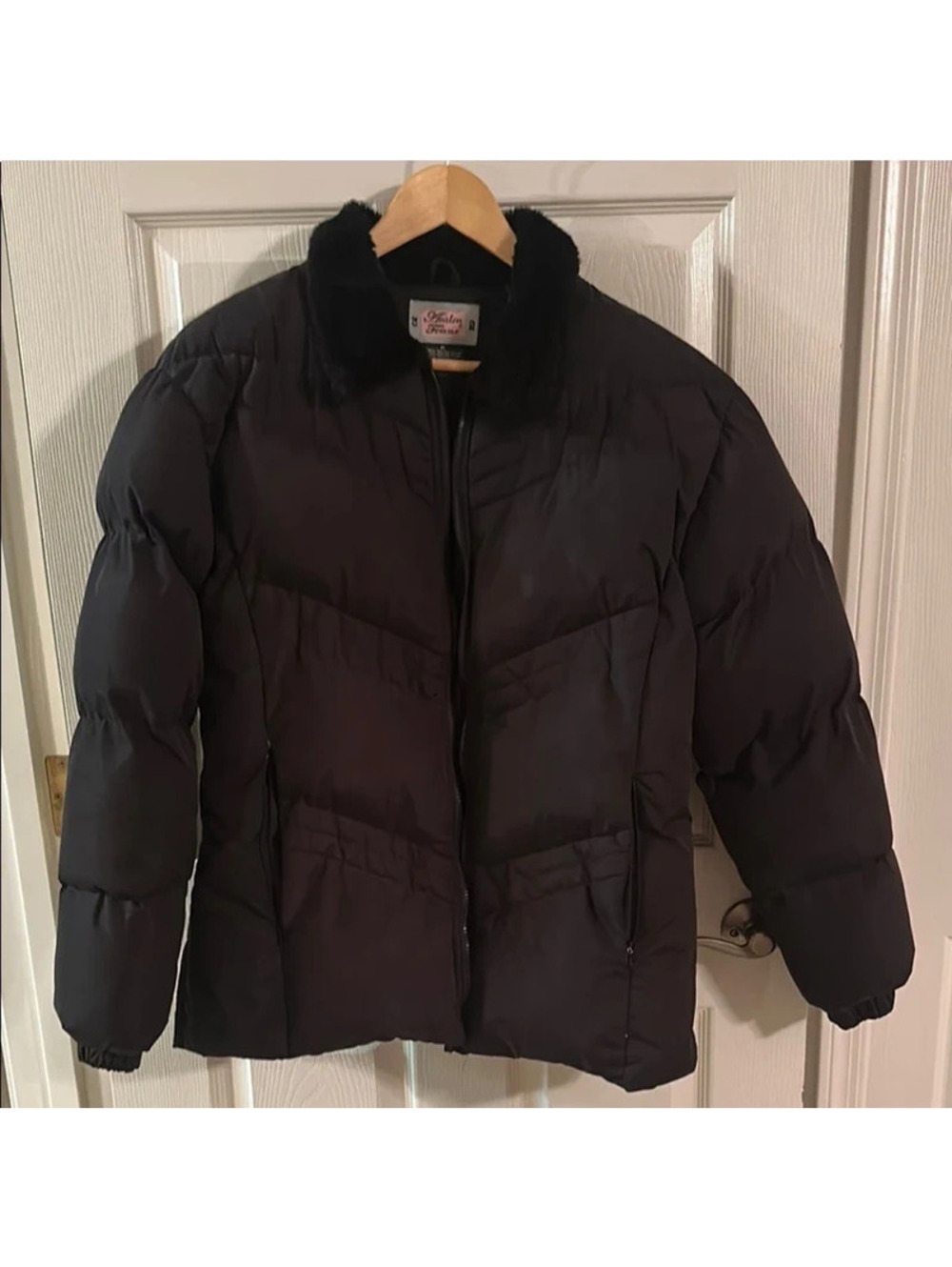 Black Puffer Coat with Black Faux Fur Collar